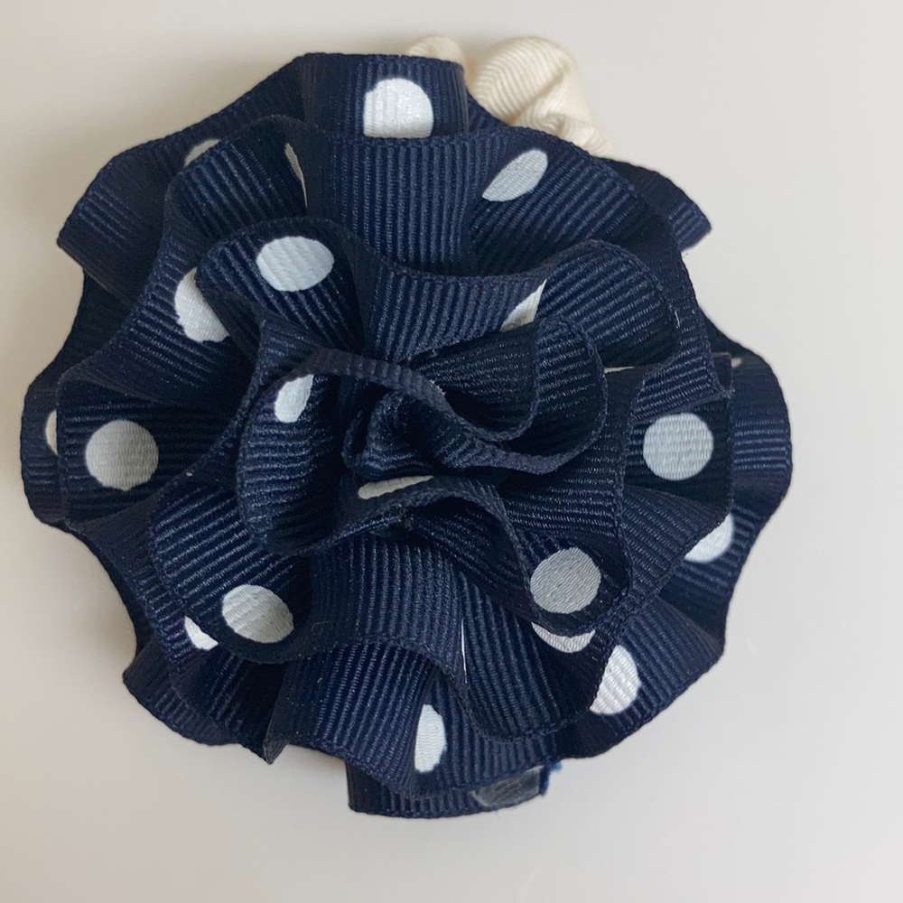 Navy & White Polka Dot Circular Round Larger Hair Bow Ponytail Holder